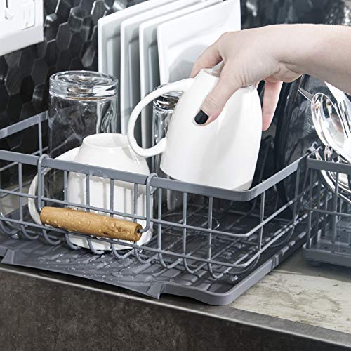 Dish Drying Rack with Wooden Handles (16.5 x 12.5 x 5 Inches) Includes Removable Utensil Tray, 1 Drain Board, 1 Drip Tray - Large Dish Drainers for Kitchen Counter