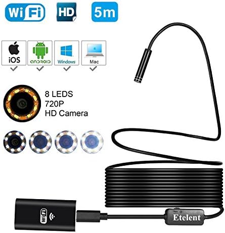 Wifi Wireless Endoscope,720P and 2.0 Megapixels HD Waterproof Borescope Inspection Camera with 8 Adjustable LED, Lens Snake Camera for IOS and Android Smartphone Mac Windows Tablet PC(16.4 FT)