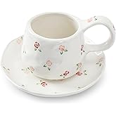 Koythin Ceramic Coffee Mugs Set with Saucer, 250ml / 8oz Cute Floral Coffee Mug Irregular Latte Art Cup, Coquette Cups for Cappuccino, Cocoa (Red Pink Little Rose Fragmented Flowers)