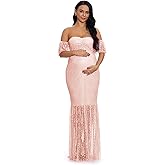 ZIUMUDY Women's Off Shoulder Ruffle Sleeve Lace Mermaid Maternity Baby Shower Gown Maxi Photography Dress
