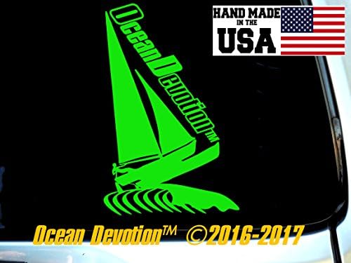 Sail Boat “Ocean Devotion™” Vinyl Decal/Sticker 4w x 8h inches - Salt Life, Reel Life, Beach Life, Sea Life, Surf, Surfing, Fishing, Automobile, Car, Truck, Boat, Window, Hobie Cat
