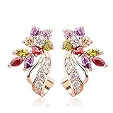 BAMOER Rose Gold Plated Flower Design Multicolor Cubic Zirconia Stud Earrings for Women CZ Jewelry