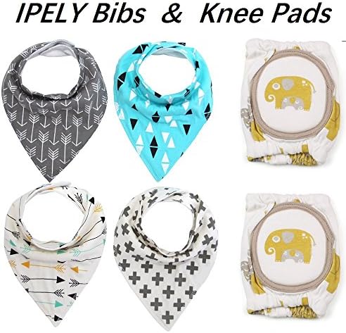 IPELY Baby Bandana Drool Bib Set And Baby Knee Pads, 4-Pack Drool Bibs And 1-Pair Infant Toddler Crawling Safety Protector for Boys &amp; Girls (Arrows &amp; Triangles)