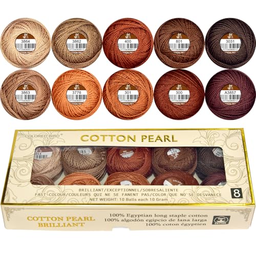 Double Mercerized Egyptian Long Staple Cotton Pearl Thread Ball 10 Grams Rainbow Color Embroidery Thread 10 Colors per Box for Crochet Hardanger Cross Stitch Hand Embroidery,caffee Series