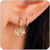 VRIUA 3 Pairs Gold Earrings Set - 14K Gold Plated Stacks Earring Bow Pearl Butterfly Heart Clover Star Moon Diamond Starburst Huggie Hoop Earrings for Women Trendy Jewelry