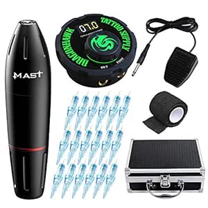 Dragonhawk Mast Pen Rotary Tattoo Machine Power Supply 20Pcs Wjx Cartridges Needles Foot Pedal with Big Case 1013-10 (Machine Kit)