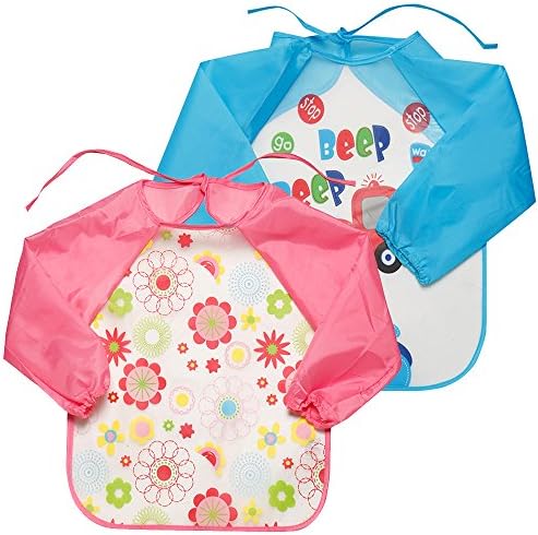 Wellbeing Unisex Infant Toddler Baby Waterproof Sleeved Bib Long Sleeve Cute Cartoon Best for Smock Baby Girl and Boy Colors(1 Years Old Plus) (Pink Sunflower+Blue Car)