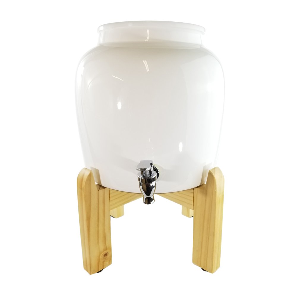 Premium Solid White Porcelain Water Crock Dispenser & Wood Counter