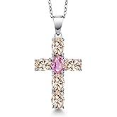Gem Stone King 925 Sterling Silver Peach Morganite and Pink Sapphire Cross Pendant Necklace for Women | 3.10 Cttw | Gemstone October Birthstone | Oval 6X4MM | With 18 Inch Chain