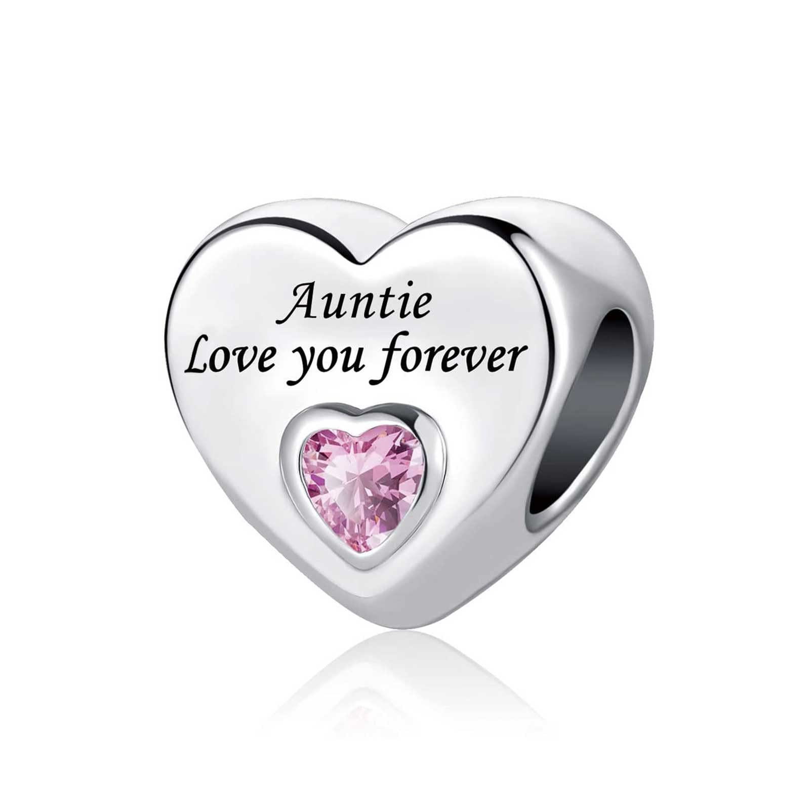 KunBead Jewelry Auntie Best Aunt Heart Love You Forever Pink Crystal Bead Charms for Bracelets Gift from Niece