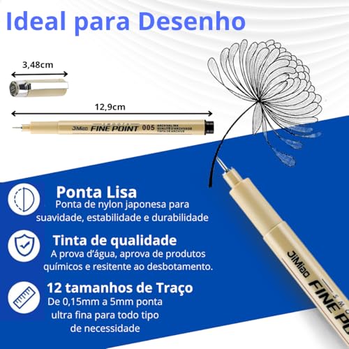 Kit 12 Canetas Nanquim Profissional para Desenho, Ilustração, Mangá e Line Art Desenho Técnico Artístico Lettering Brush Projetos Sakura Caligrafia Preto Premium
