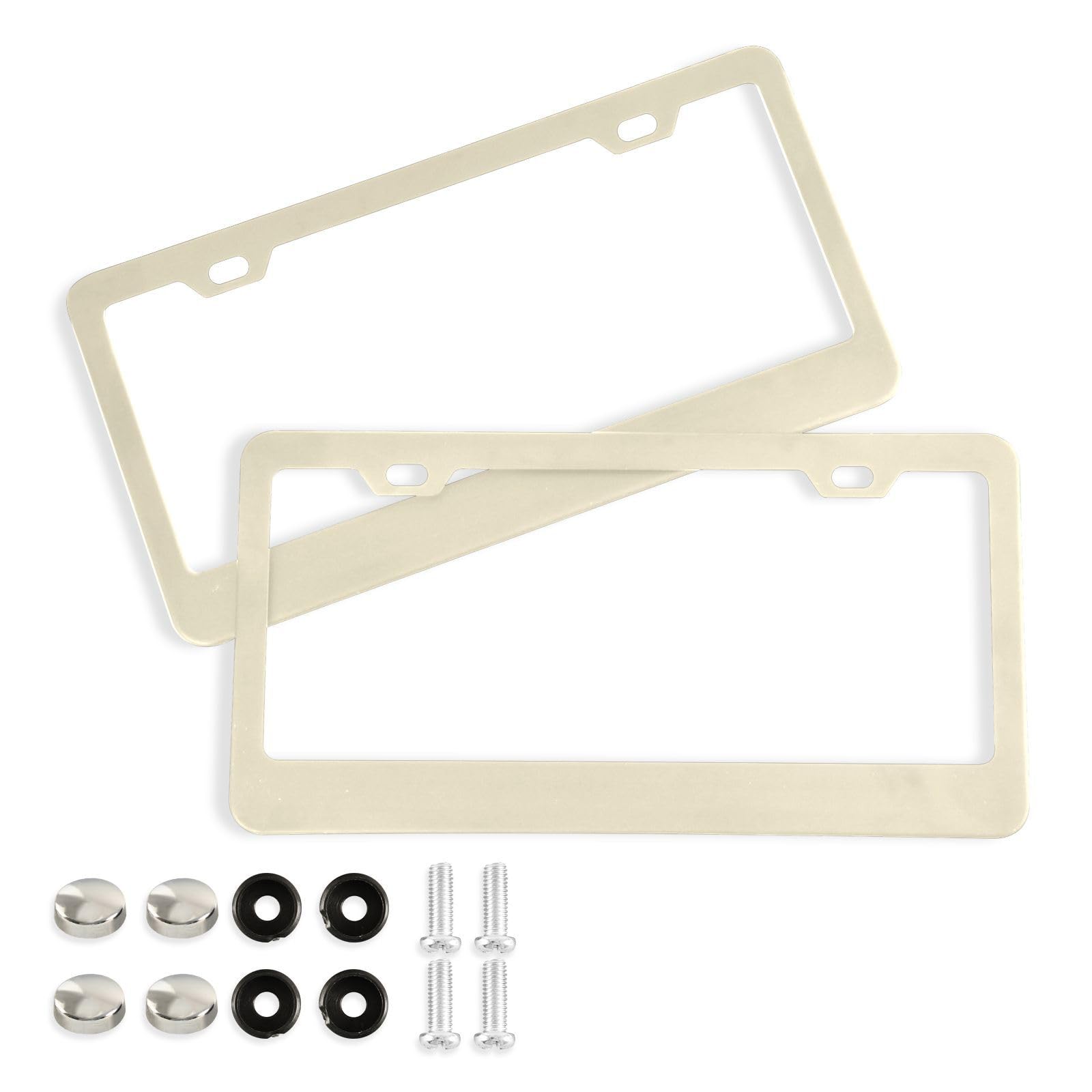Photo 1 of xigua Beige Cream Solid Color License Plate Frames 2 Pack, Waterproof Aluminum Alloy Car Tag Holder 2 Holes License Plate Brackets with Screw Caps Auto Accessories