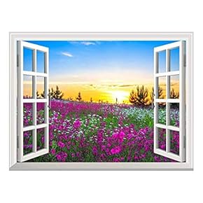 Removable Wall Sticker/Wall Mural - Beautiful Summer Sunrise Over a Blossoming Meadow | Creative Window View Wall Decor - 24"x32"