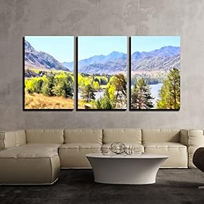 3 Piece Canvas Wall Art - Background Watercolor Painting of Mountains and River - Modern Home Art Stretched and Framed Ready to Hang - 16"x24"x3 Panels