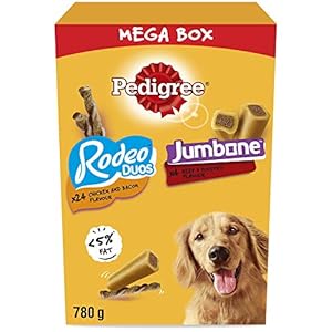 Pedigree Mega Box - Dog treat multipack with 24 Rodeo Duos chicken and bacon flavour and 4 Jumbone beef and poultry…