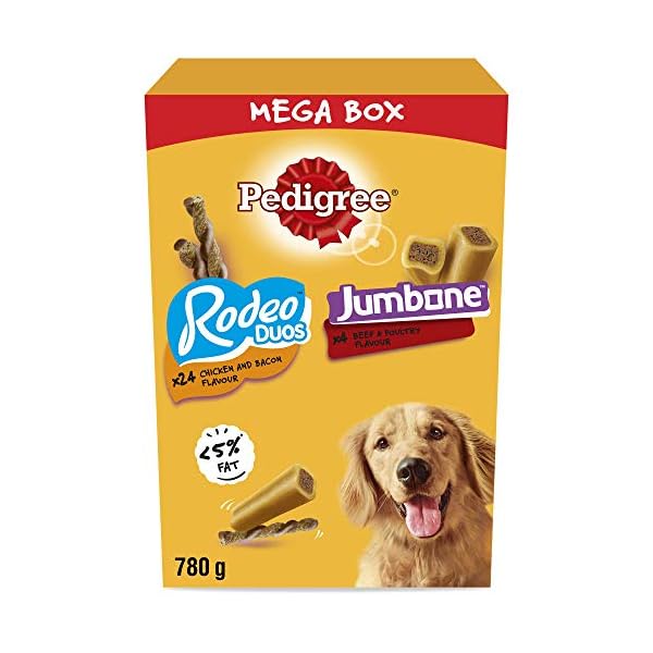 Pedigree Mega Box - Dog treat multipack with 24 Rodeo Duos chicken and bacon flavour and 4 Jumbone beef and poultry…