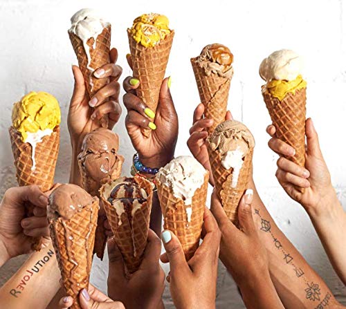 Revolution Gelato 6 Pack Pints: Sampler - 1 chocolate, 1 vanilla, 1 mango, 1 orange, 1 coffee, 1 cardamom; DAIRY-FREE · CERTIFIED ORGANIC · MADE FROM PLANTS · GLUTEN FREE · KOSHER · VEGAN · NO GMOS