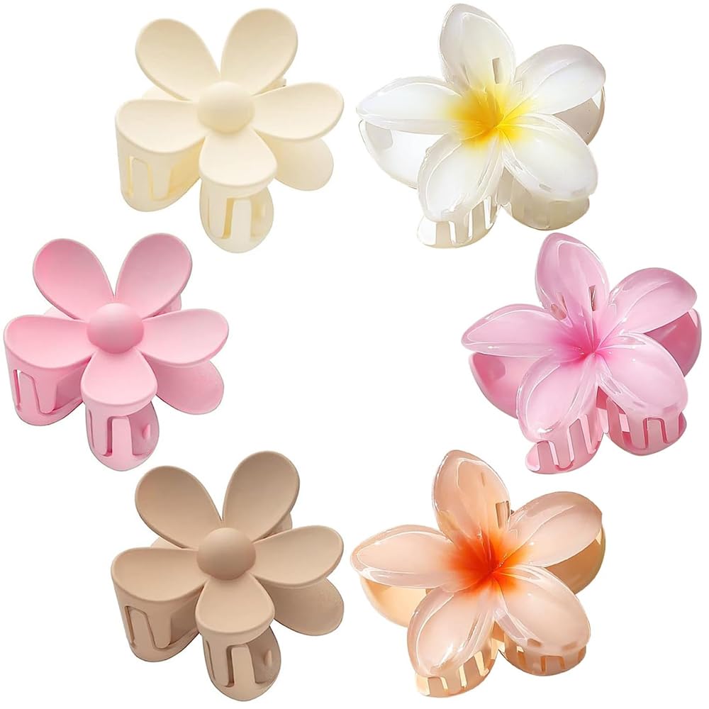 Flower Hair Clips for Women Girls, 6pcs Flower Claw Clips, Hawaiian Plumeria Hair Clips, Strong Hold claw clips for for Medium Thick hair, Large Cute Hair Accessorie for Women and Girls