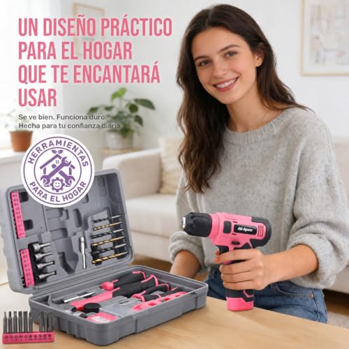 Hi-Spec Cordless Drill Driver Kit 8V and Tools - Complete Rechargeable Set with Basic Tools, Compact Case, Pink, Ideal for Home DIY