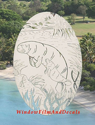 Oval Manatee Etched Window Decal Vinyl Glass Cling - 8" x 12" - White with Clear Design Elements