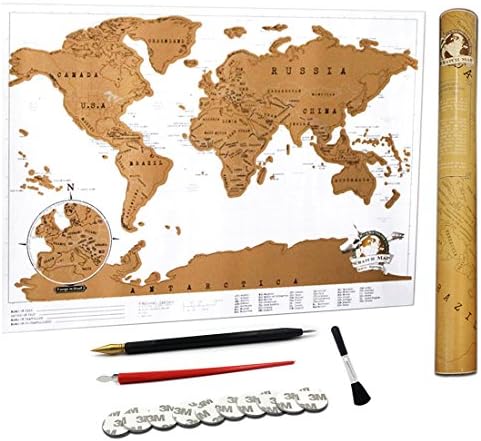 Landmass Scratch Off World Map Poster. Original Travel Tracker Map US States Outlined. Educational Maps with Vibrant Colors for Kids and Travelers