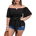 SCOMCHIC Women's Plus Size Off The Shoulder Peplum Blouse Top Half Bell Sleeve Tie Waist Ruffle Hem Babydoll Tops