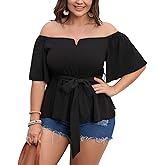 SCOMCHIC Women's Plus Size Off The Shoulder Peplum Blouse Top Half Bell Sleeve Tie Waist Ruffle Hem Babydoll Tops