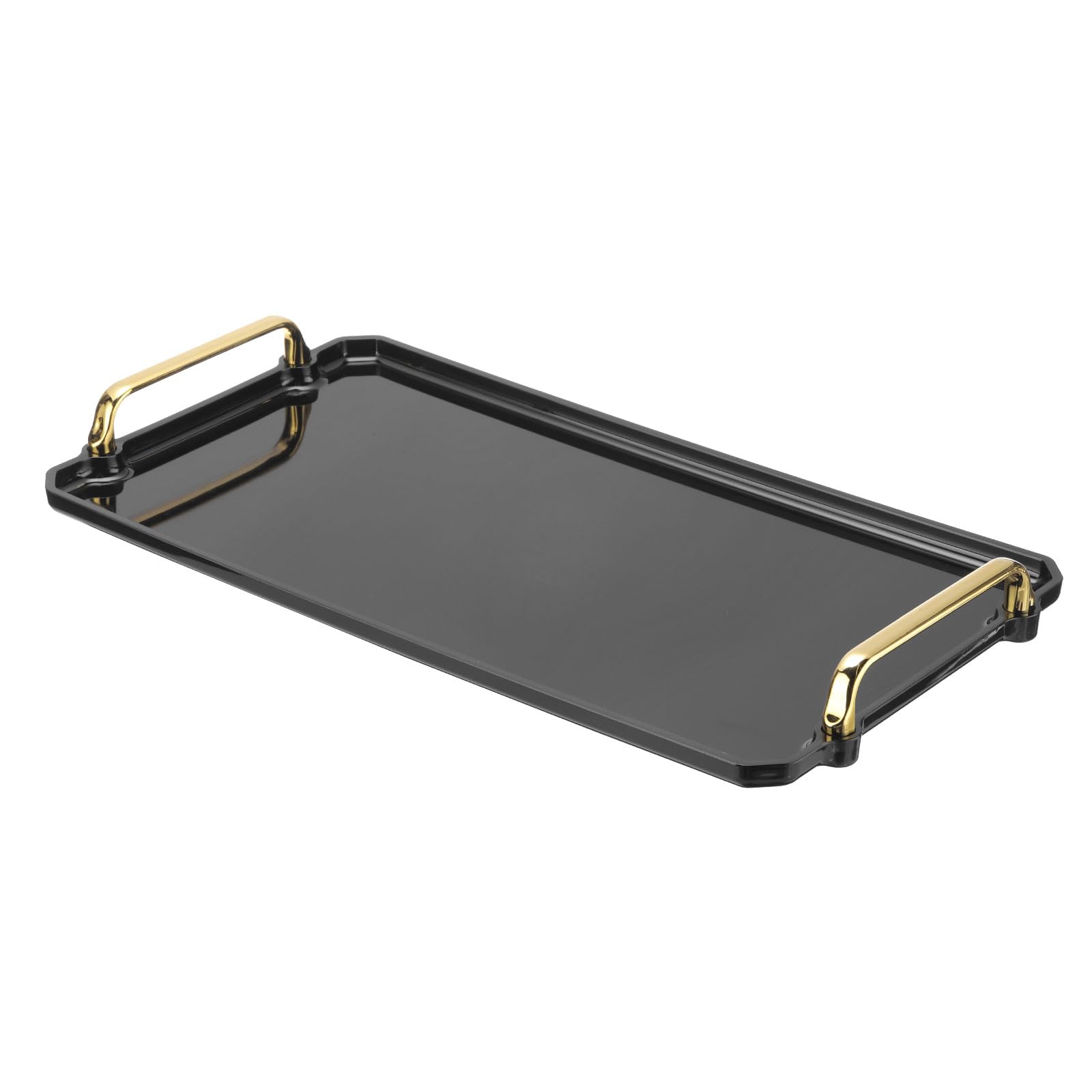 PATIKIL 16.1 x 8.7 Inches Plastic Serving Tray with Golden Handles, Reusable Tray Rectangular Party Platters for Dessert Coffee Tea Table, Living Room Kitchen Countertop, Black
