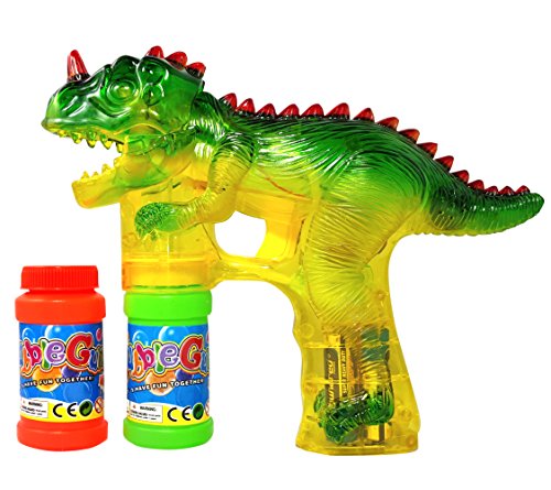 Haktoys 1900D Dinosaur Bubble Gun Shooter Blower Machine with LED Lights, Batteries, and Extra Bottle Refill