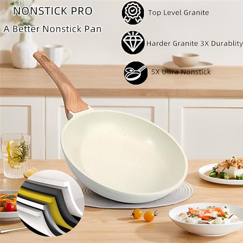 Beauenty Nonstick Frying Pan Skillet Set,White Nonstick Granite Fry Pan Egg Pan Omelet Pans,Granite Skillet Set for All Stovetops,PFOS & PFOA Free,Eco-friendly and Easy to Clean (8+9.5+11Inch)