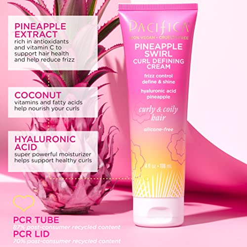 PACIFICA PINEAPPLE SWIRL CURL DEFINING CREAM FOR CURLY HAIR 4 OZ – FRIZZ CONTROL & CURL ENHANCER STYLING CREAM FOR CURLY & WAVY HAIR COCONUT OIL & HYALURONIC ACID DEFINES & ADDS BOUNCE WITHOUT CRUNCH