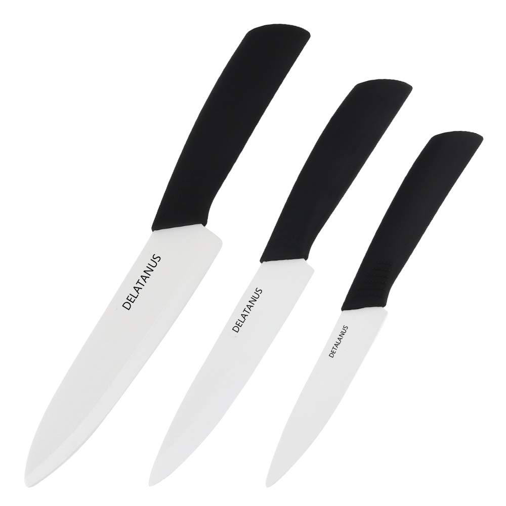 Ceramic Knife Set 3-Piece with Knife Sheaths(Includes 6-inch Chef's Knife,5-inch Utility Knife and 4-inch Fruit Paring Knife,White Blade,Black Handle)