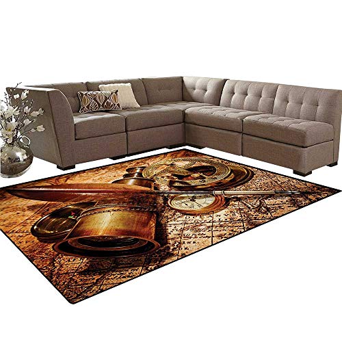 Antique Customize Door mats for Home Mat Compass Goose Quill Pen Spyglass and a Pocket Watch Lying on an Old Map Print Bath Mats Carpet 6'x7' Orange Brown