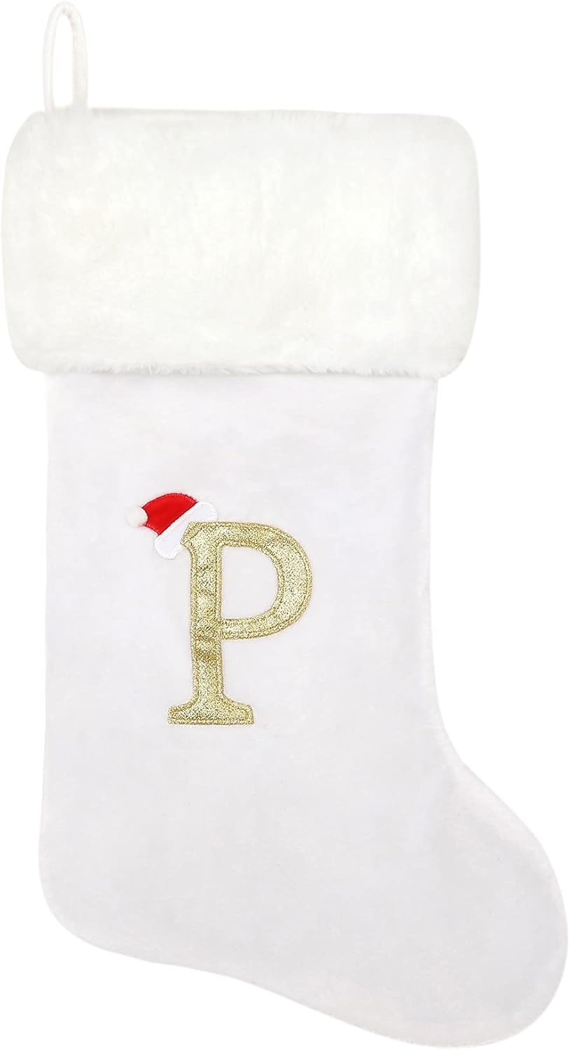Stockings & Holders - Tokforty 20 Inches White Velvet with White Super Soft Plush Cuff Monogram Christmas Stockings, Xmas Personalized Embroidered Letter Stockings for Family Holiday Decorations and Xmas Tree Fireplace（P）