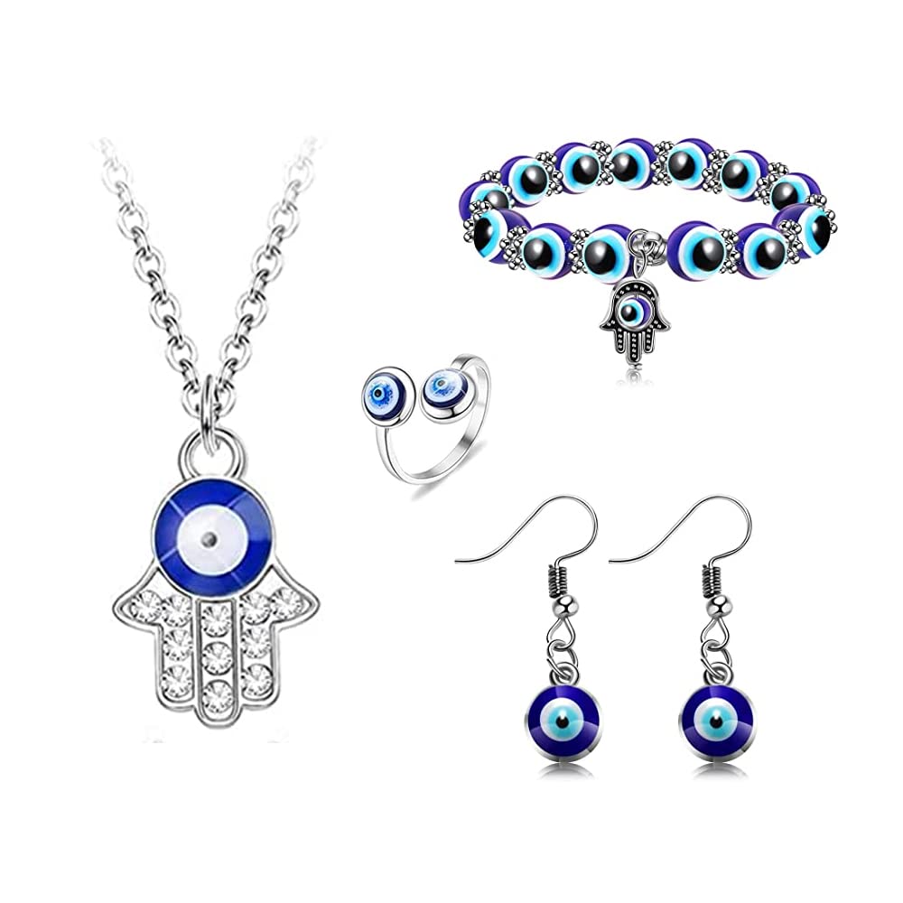 HSAJS Evil Eye Necklace Set for Women Girls Bead Bracelet Evil Eye Pendant Necklace Turkish Eye earrings Necklace Set Bring Good Luck Blue Eye Jewellery Set Gift of Love