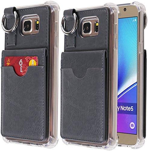 Galaxy Note 5 Wallet Case,[Pocket Ring Bumper] Credit Card Case [Kick Stand] Protective Hybrid Case [Key Ring Holder] with 3 Cards Slot Wallet for Galaxy Note 5 (Dark Grey)