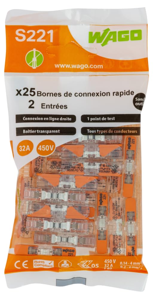 WAGO - S221 2 Inline Input Terminals, 25 Positions, Transparent, Clamp, Plastic, Panel Mount, 32A, 405V