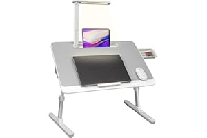 RAINBEAN Laptop Desk with LED Light and Drawer - Portable Bed Table for Sofa, Study and Reading - Adjustable Laptop Stand, White