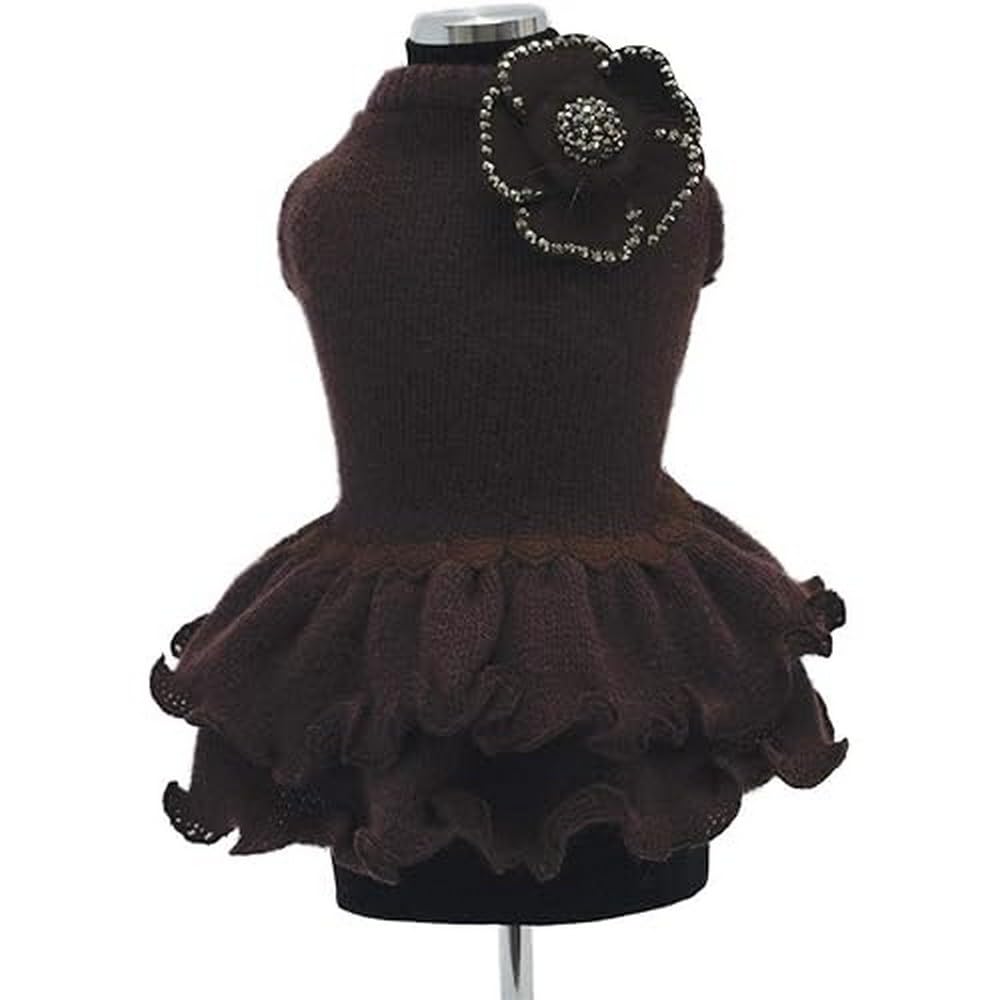 Trilly Tutti Brilli Jade Wool Dress with Flower Brooch and Crystals, X-Small, Brown