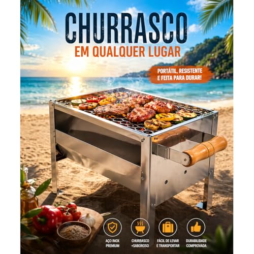 Churrasqueira A Carvao Portatil Inox Pequena Versão Mini Estrutura Robusta Em Aço Inoxidável Com Grelha Para Camping e Praia [ K-SELL IMPORTS ]