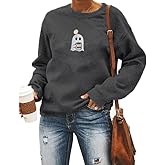 AIIWEIS Halloween Ghost Coffee Sweatshirt Women Embroidered Spooky Long Sleeve Shirt Crewneck Halloween Pullover Top