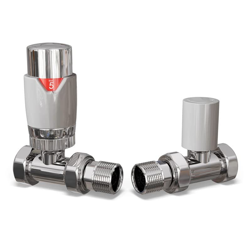 UK Radiators White Thermostatic Radiator Valve and Straight Lockshield Valve - Gloss White Finish - Classy and Modern Design 1/2" x 15mm Straight Radiator Valve