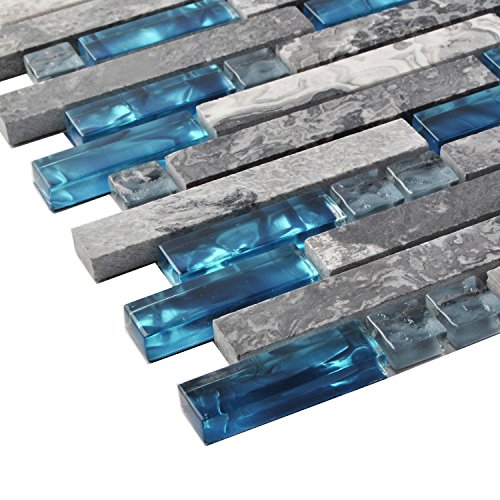 Home Building Glass Tile Kitchen Backsplash Idea Bath Shower Wall Decor Teal Blue Gray Wave Marble Interlocking Pattern Art Mosaics TSTMGT002 (10 Square Feet)