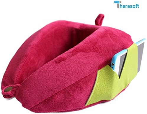 Therasoft Travel Pillow, Premium Neck Pillow Memory Foam Filling, Removable Washable Cover - U-shape Airplane Pillow - Convenient Phone Holder- Includes Travel Storage Bag (Red)