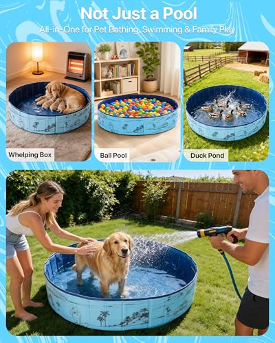 JEASONG Foldable Paddling Pool for Dogs, Thickened Anti-Scratch PVC Garden Dog Bath Swimming Pool, Non-Slip Outdoor Summer Water Play Pool for Dog, Small Medium Large Dog Pool (160x30cm)