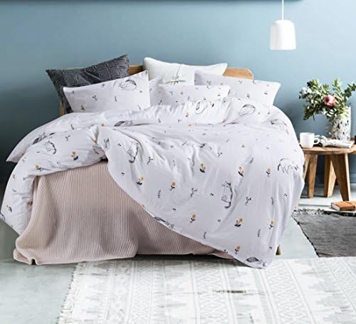 ughome Cat Queen Duvet Cover Full Duvet Cover Set with Yellow Flowers White Bedding Comforter Set Queen Quilt Cover for Toddlers Baby Kids Girls Boys Teens(Queen,Cat White)