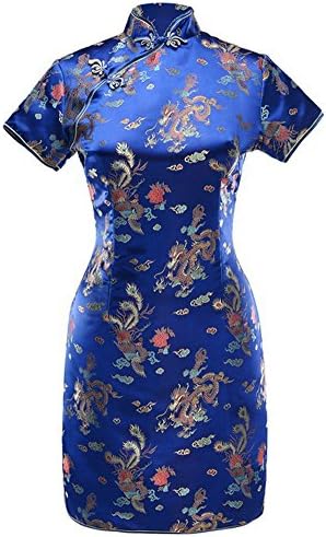 7Fairy Women's VTG Navy Blue Dragon Mini Chinese Prom Dress Cheongsam