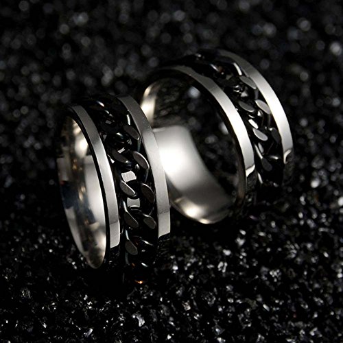 Men Titanium Steel Chain Rings Biker Grooved Edge 8mm Width Black Size 10 - Thumbnail 2