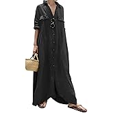 chouyatou Women's Casual Long Sleeve Maxi Shirt Dress Loose Fit Cotton Button Down Swing Long Dress