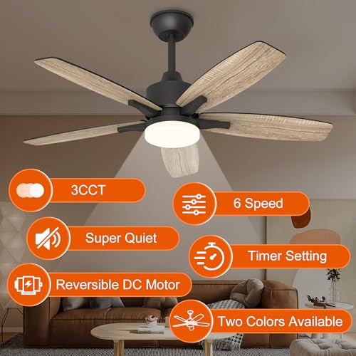 Kemoribe Ceiling Fan with Light and Remote Control, 106 cm LED Lamp Ceiling Fan Dimmable Built-In Lamp, 6 Speed, Silent Wood Effect Blades